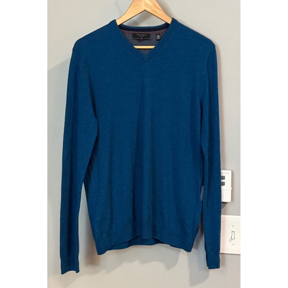 Ted Baker Mens Blue V Neck Long Sleeve‎ Wool Cashmere Sweater Size 4